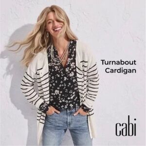 Cabi Striped White Off/ Black Turnabout Cardigan